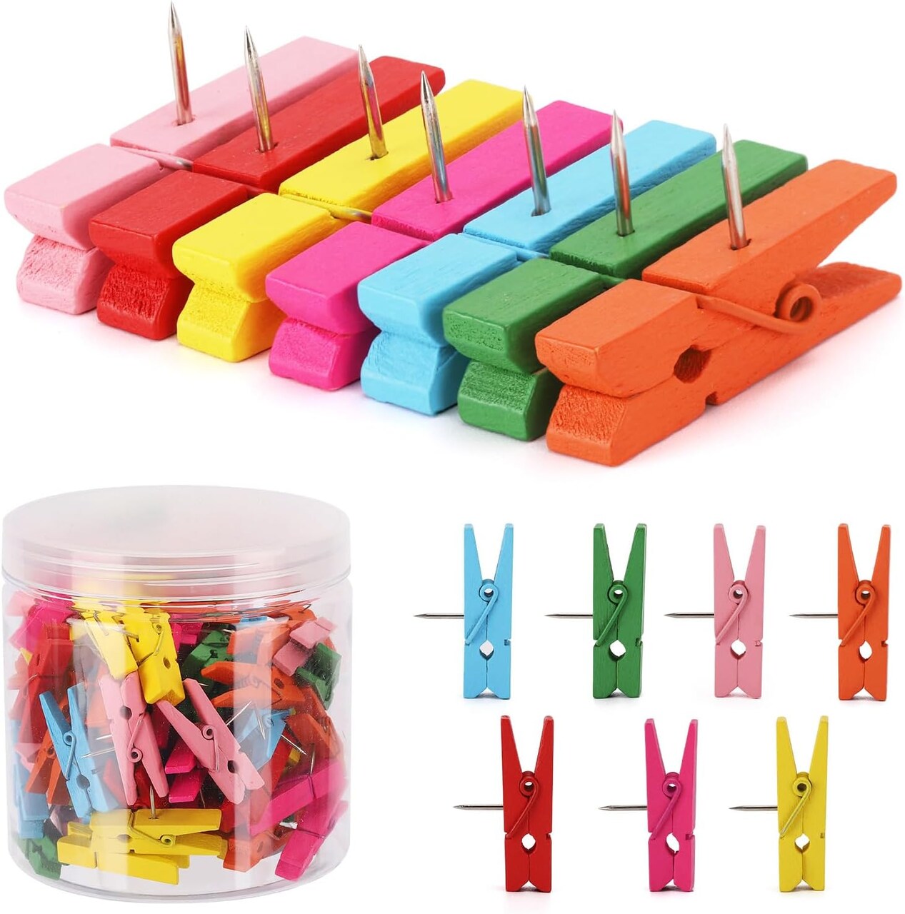 100 pcs push pins with wooden clips colorful decorative push pins for cork board and artwork